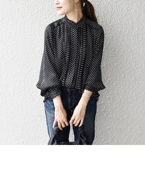 手洗い可能〉ドット／ソリッドフリルピンタックレースブラウス