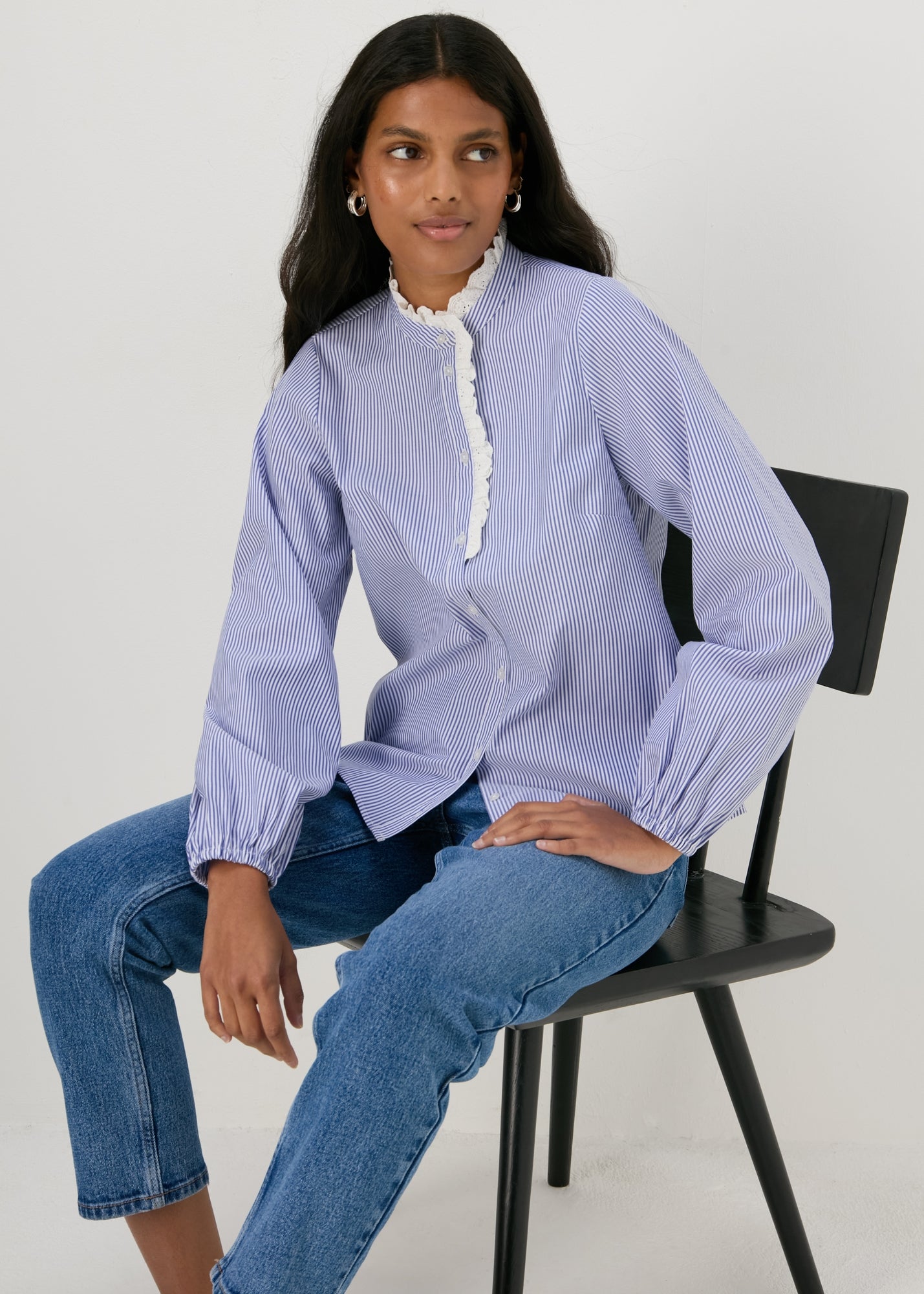 Blue Stripe Frill Neck Shirt - Matalan