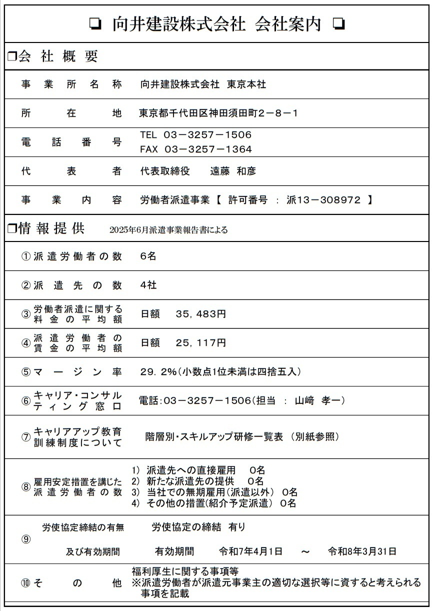 派遣事業報告書による情報提供｜向井建設株式会社