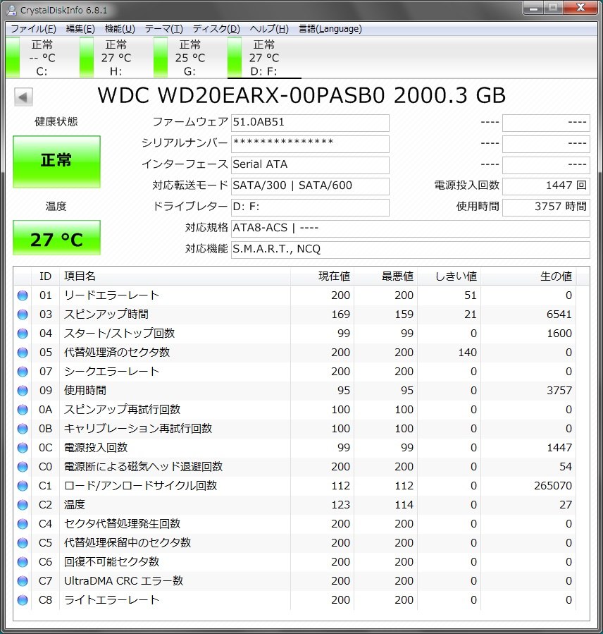 HDD 8TB 正常判定 電源投入回数8回 使用時間2394時間 zr13m-Manifolds