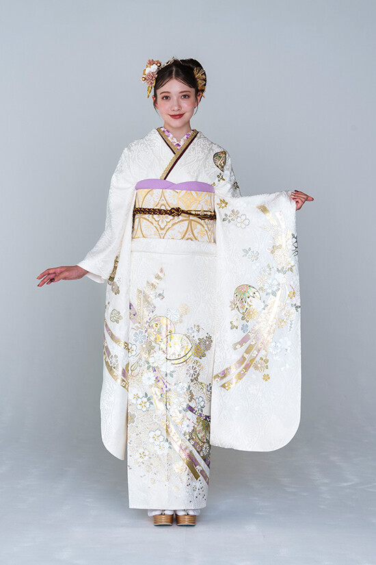 京都きもの友禅の振袖 /白色/ゴールド色/古典/花柄/ No.315 正絹 金彩