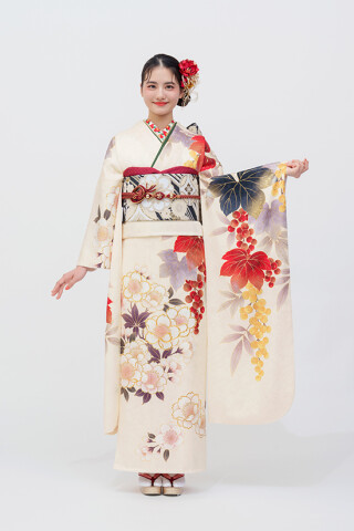 京都きもの友禅の振袖 /白色/ベージュ色/レトロ/桜柄/ No.1059 正絹 京