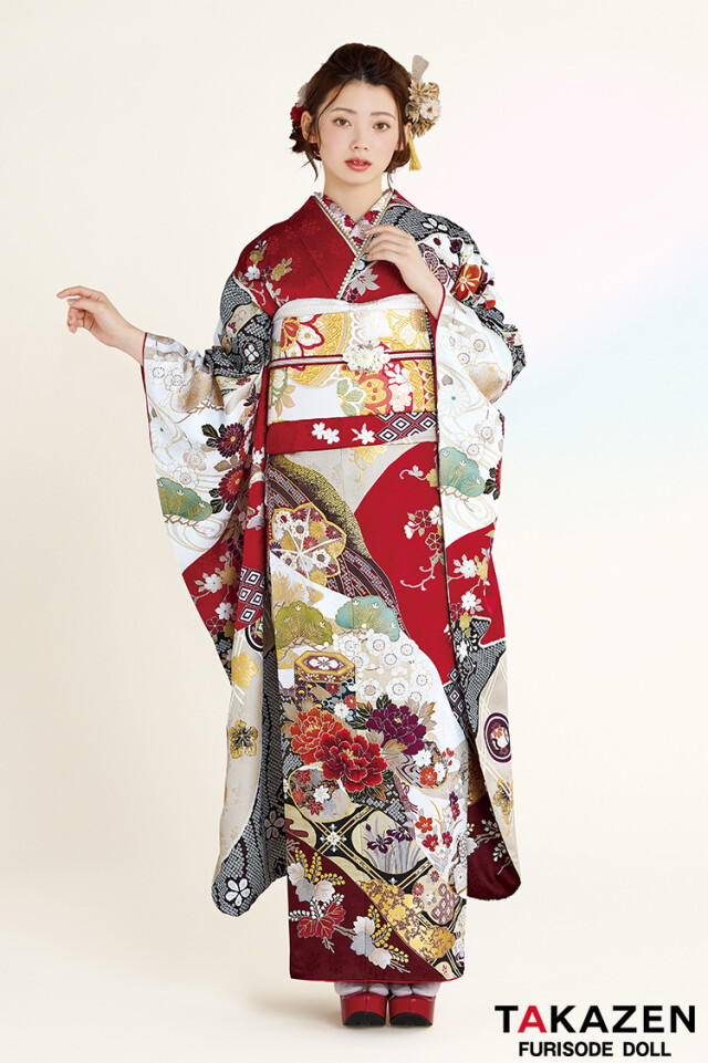 TAKAZENの振袖 /赤色/白色/古典/その他/ 正統派古典 赤/白 貝桶柄/牡丹