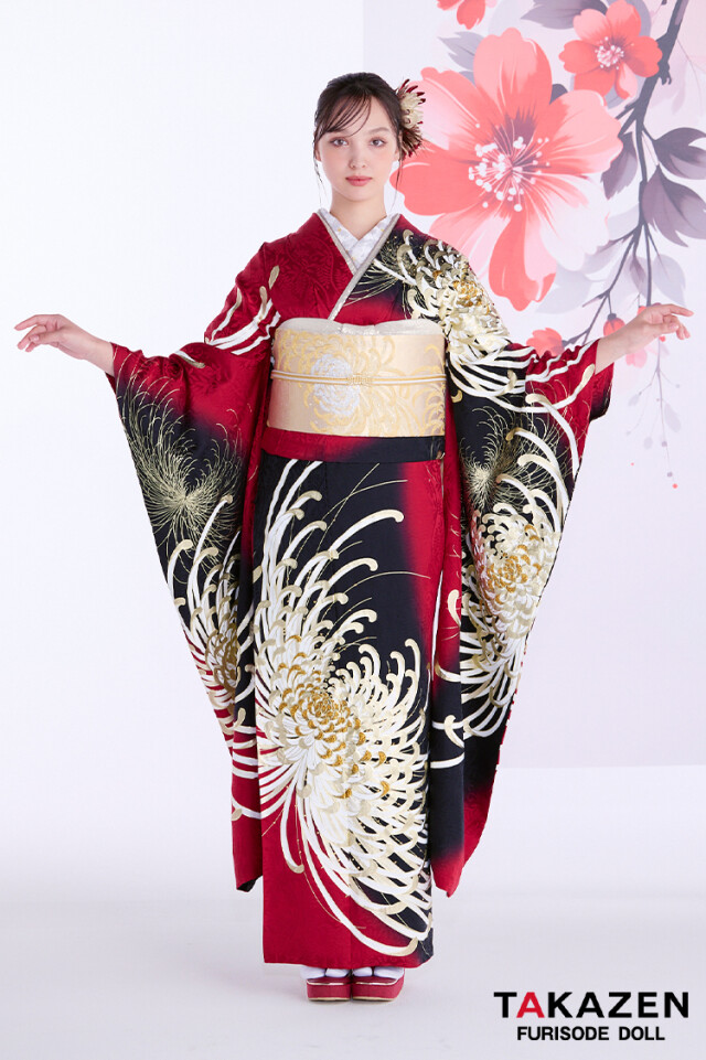TAKAZENの振袖 /赤色/ゴールド色/古典/菊柄/ 最新作粋古典 赤/ゴールド