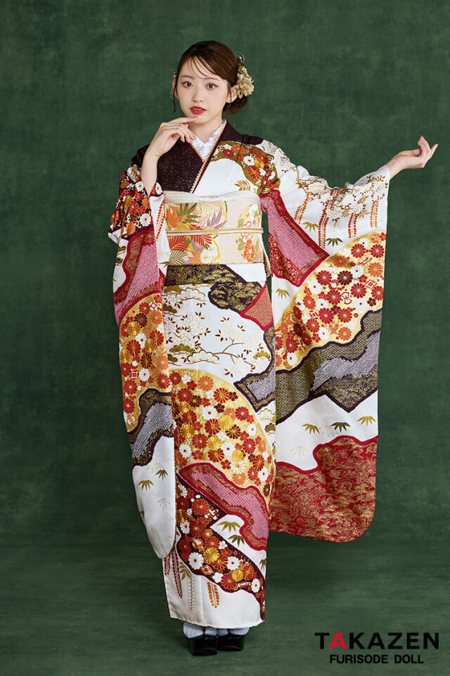 TAKAZENの振袖 /朱色/白色/古典/花柄/ プレミアム古典 青柳/最高級金駒