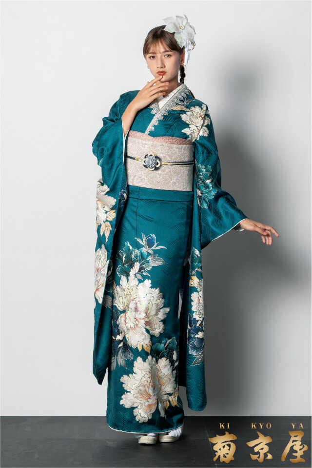 菊京屋の振袖 /緑色/白色/クール/花柄/ エメラルドグリーンに白の牡丹