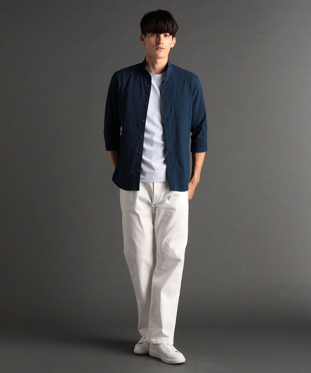 グレンチェックサッカー スタンドカラー7分袖シャツ｜5分/7分袖