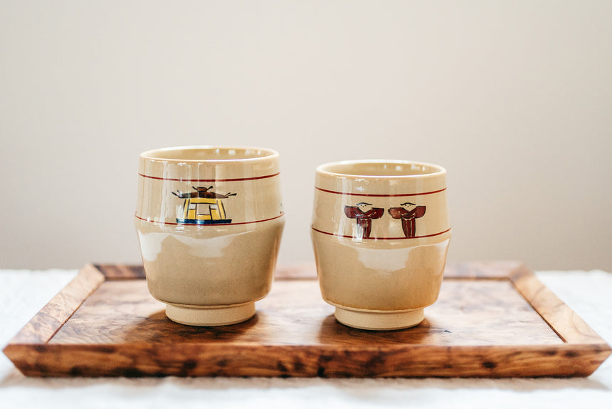 赤膚焼窯元 大塩昭山】奈良絵竹節夫婦湯呑｜【ならわし narawashi