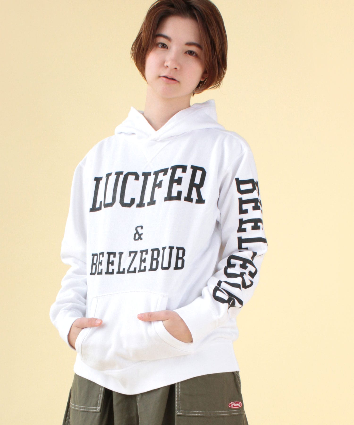 M1060 ルシファープリント裏起毛パーカー(M 蛍光ホワイト): トップス