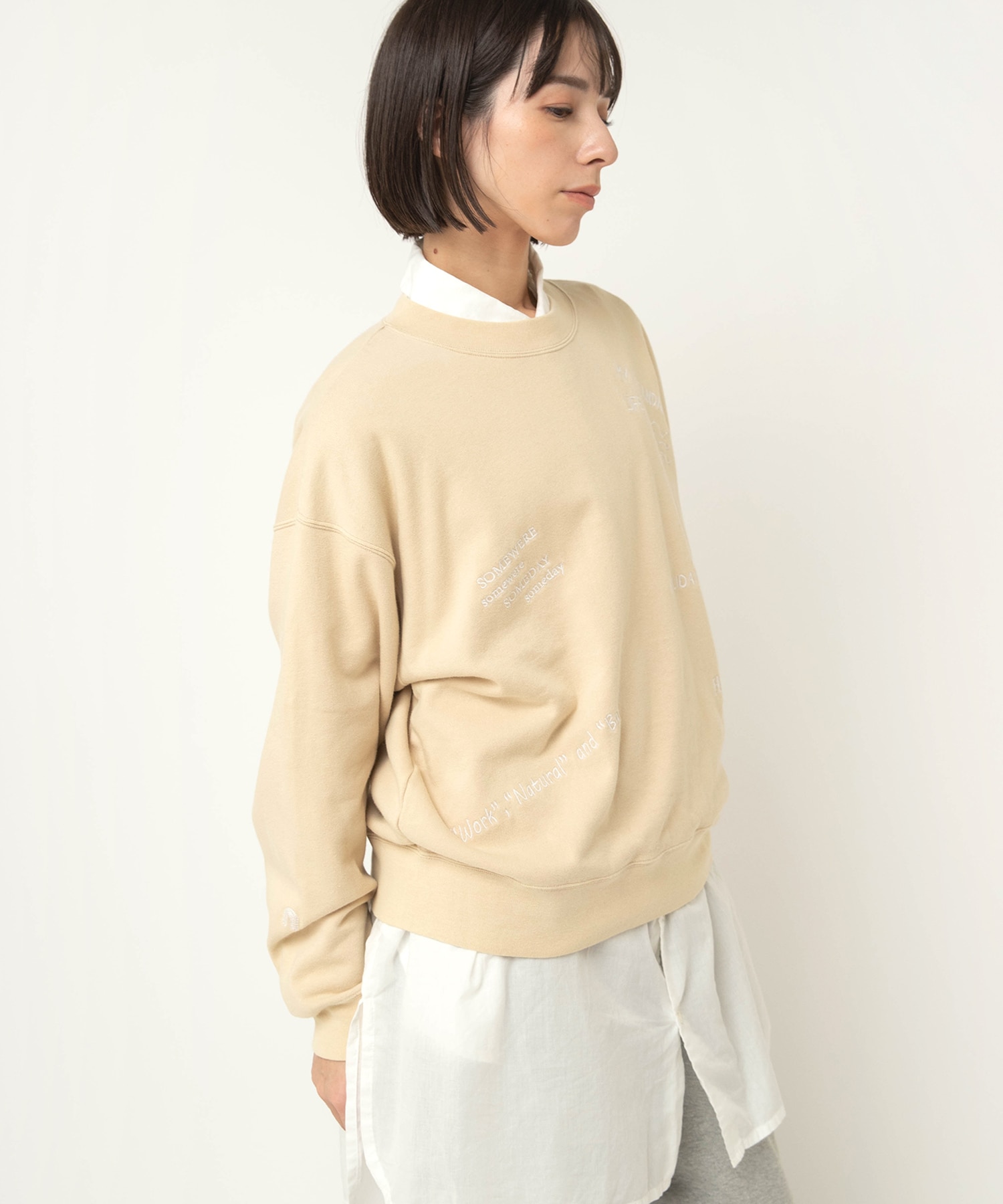 M2594 裏起毛パイル落書き刺繍スウェット(F ライトグレー): トップス