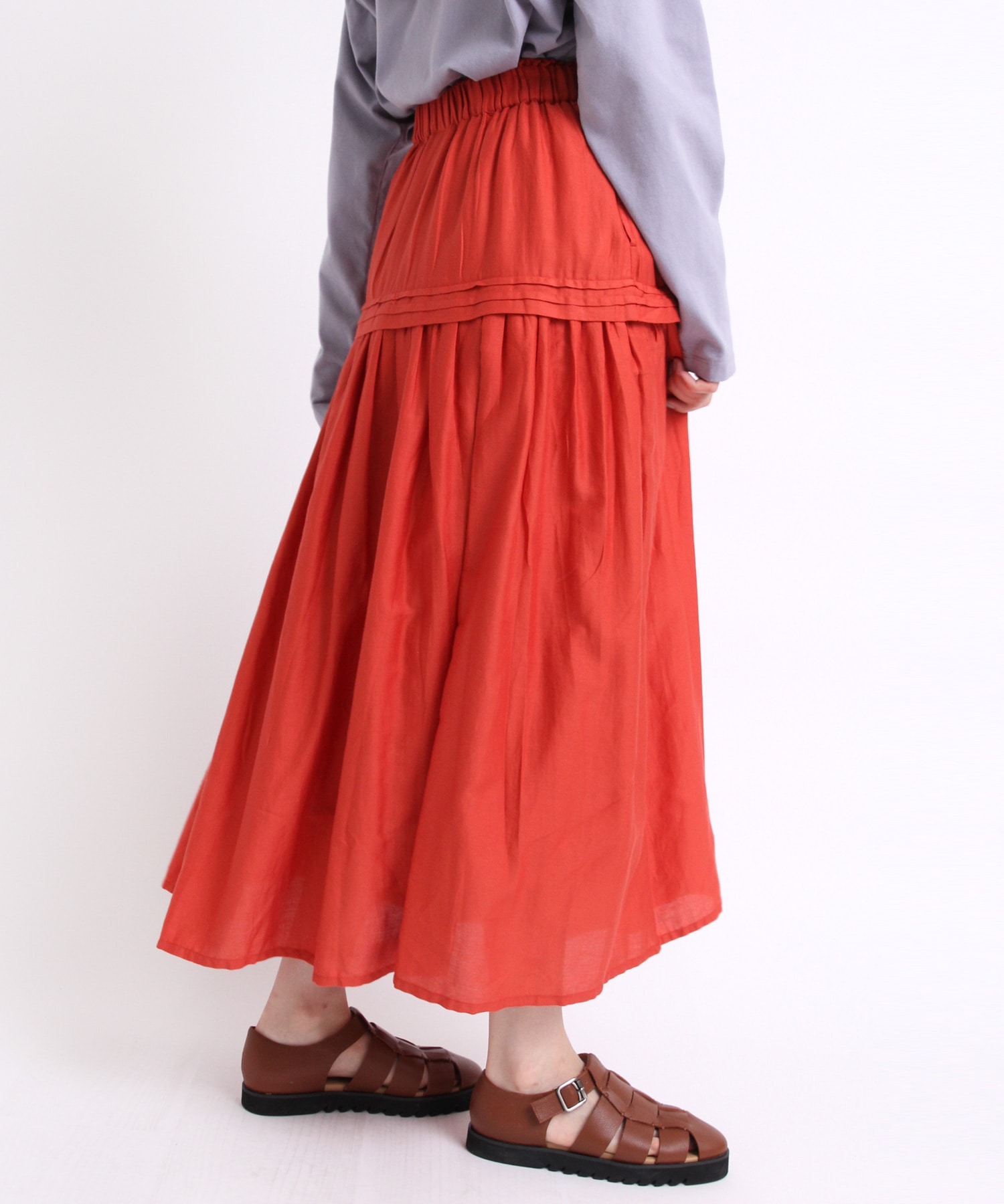 G1037 コットンピンタックギャザースカート(M トマトレッド): スカート