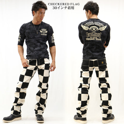 VANSON（バンソン）ワークパンツ チェッカーフラッグ柄 刺繍 nvbl-704