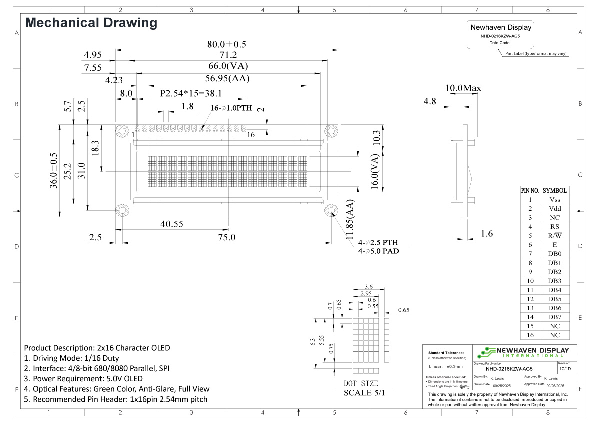 Green 16x2 Character OLED Module | KZW Model