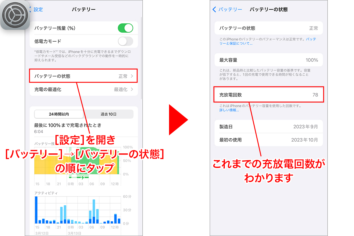 iOS 17.4で充放電回数が見やすく - iPhone 15シリーズのバッテリー関連