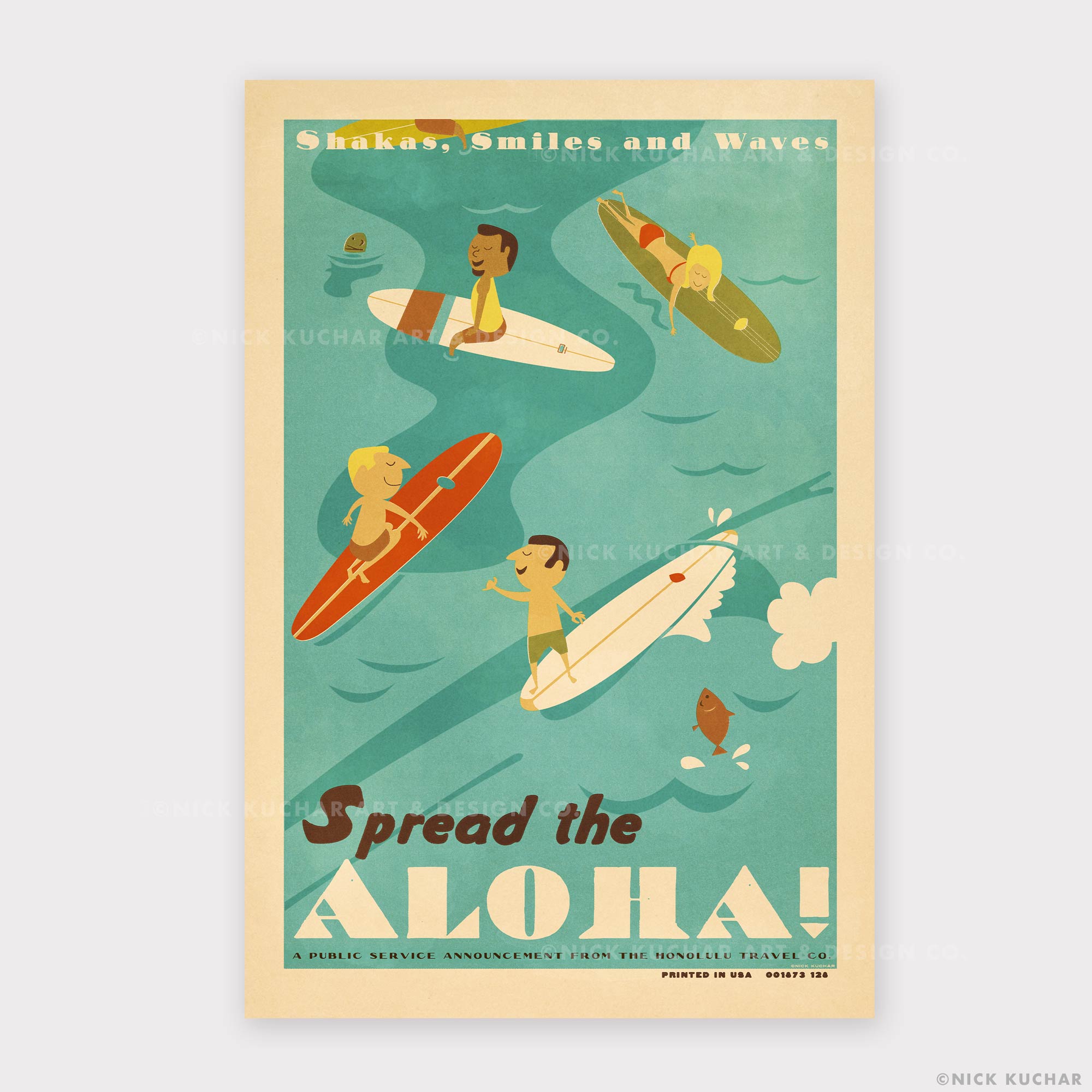 Spread The Aloha Surfing and Shakas Retro Hawaii Print