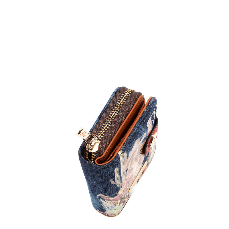 Denim and Vegan Leather RFID Heart Bifold Wallet, Fashion Print