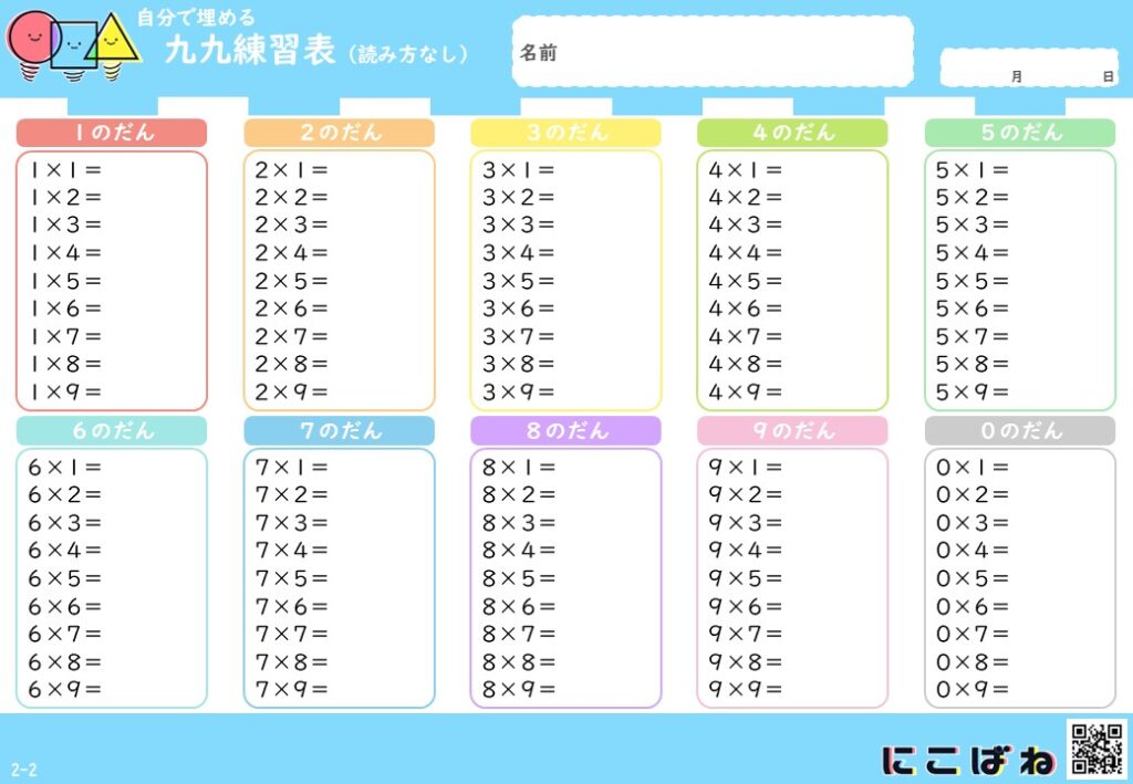 自分で埋める九九表｜書いて覚えるかけ算練習プリント - 無料学習