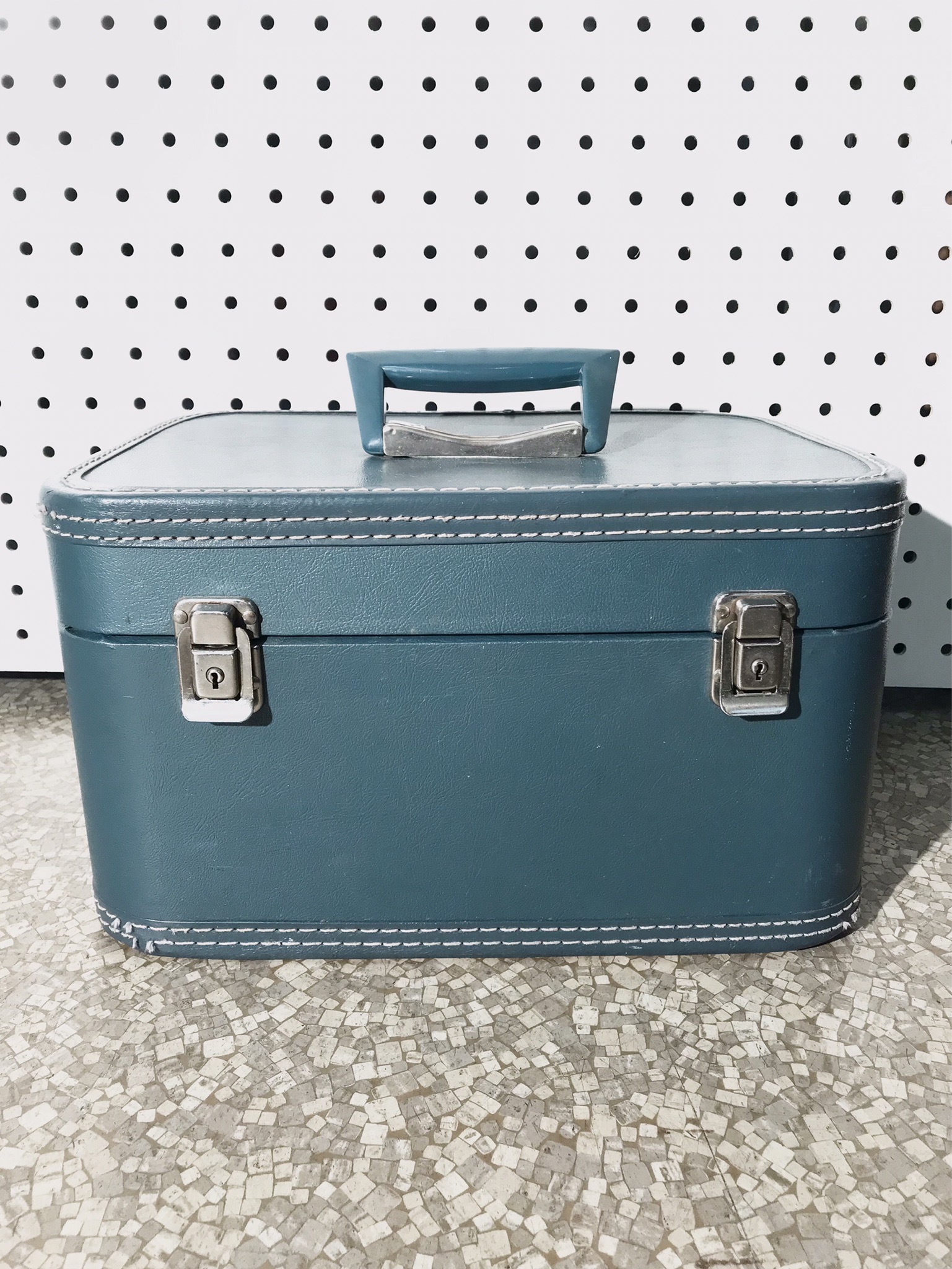 1950s メイクボックス 鍵付き コスメボックス トレインケース ブルー