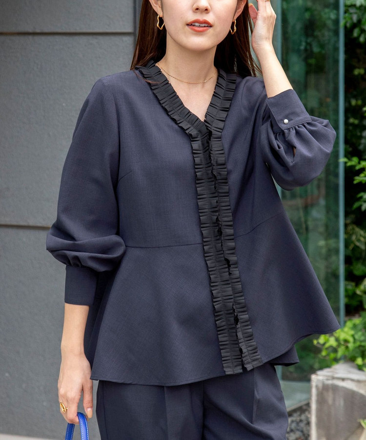 セットアップ対応》ウォッシャブル衿プリーツペプラムブラウス（5-0035