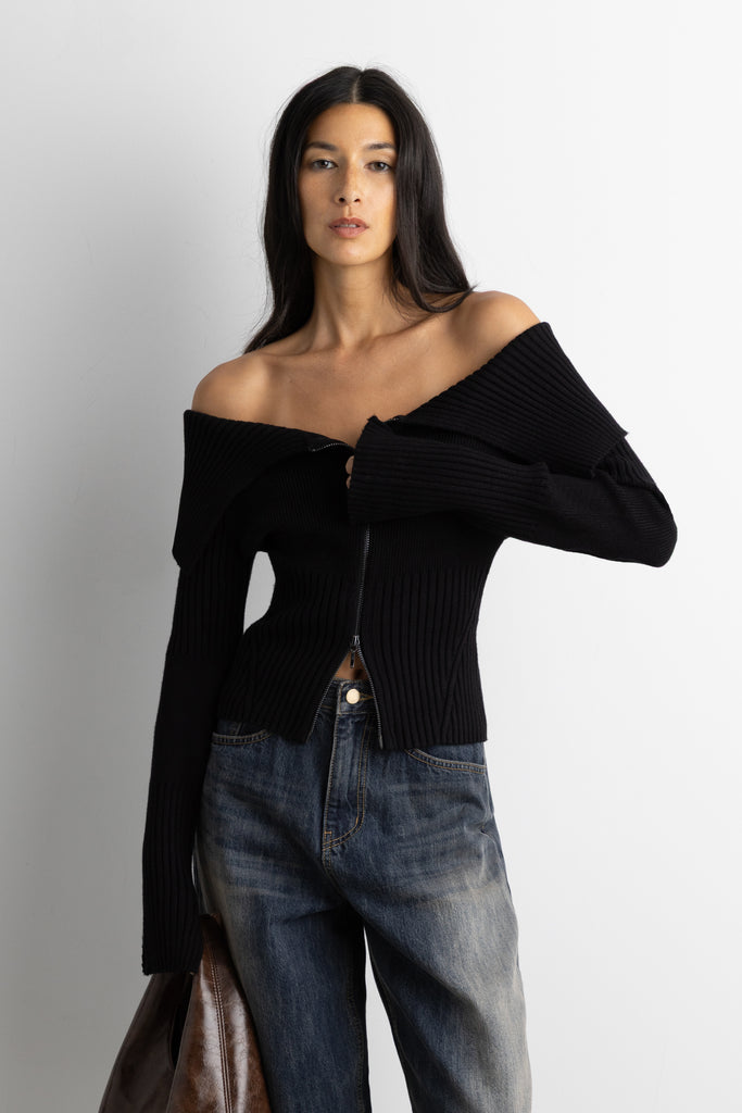 Two-Way Zip Front Off Shoulder Sweater | OAK + FORT – OAK + FORT USA