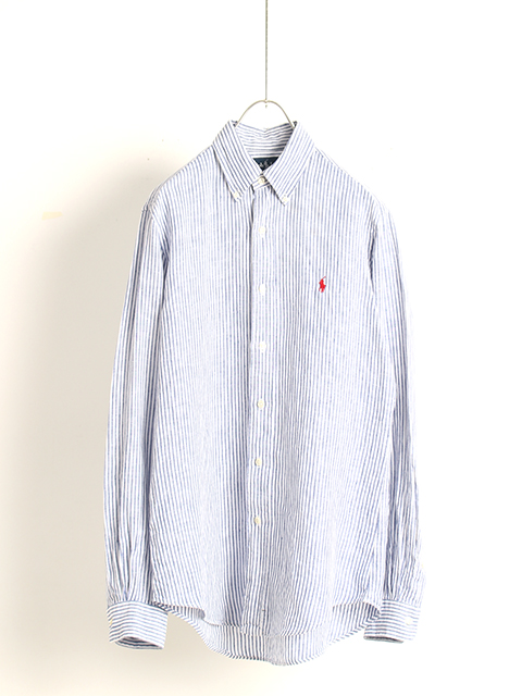 USED】RALPH LAUREN BUTTON DOWN LINEN SHIRT BLUE STRIPE- 毎日を
