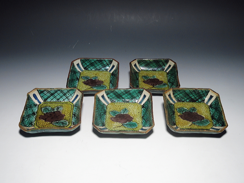 古九谷 吉田屋窯 青手椿文 角小皿 5枚組【文政】 ｜ 古陶磁 大林師友堂