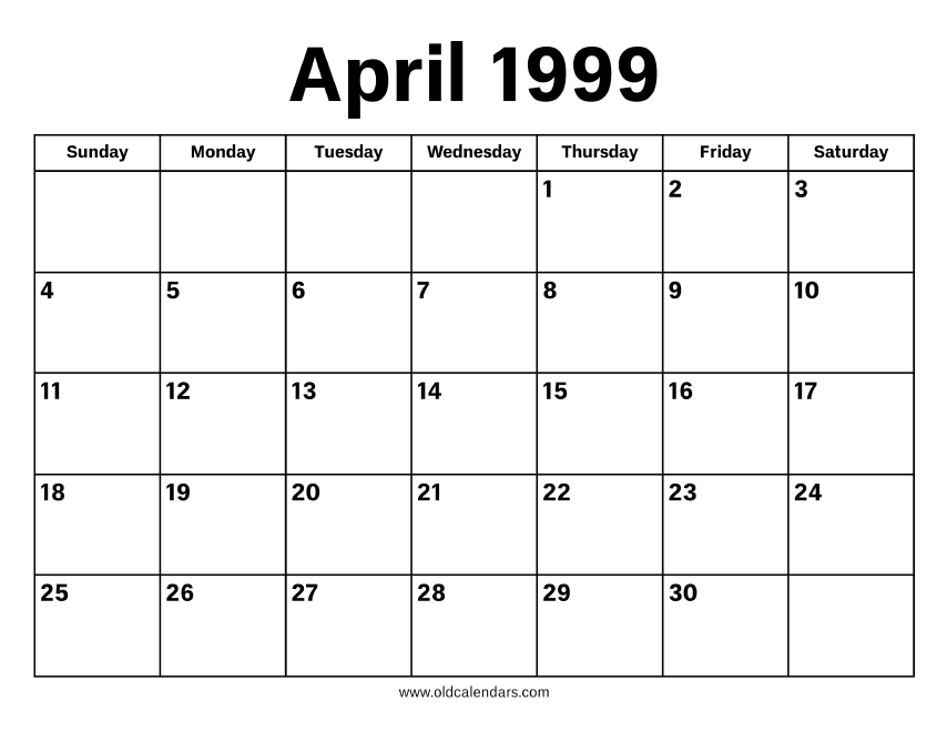 April 1999 Calendar – Printable Old Calendars