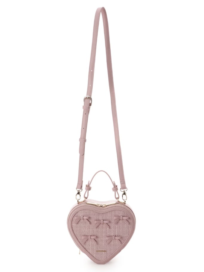 ツイードリボンハート型ショルダーバッグ【ピンク】(ピンク