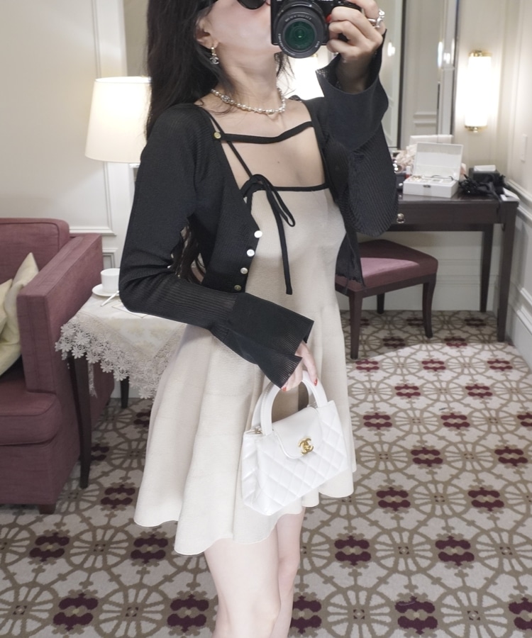 ribbon onepiece×flare sheer cardigan set(M BLACK): ワンピース