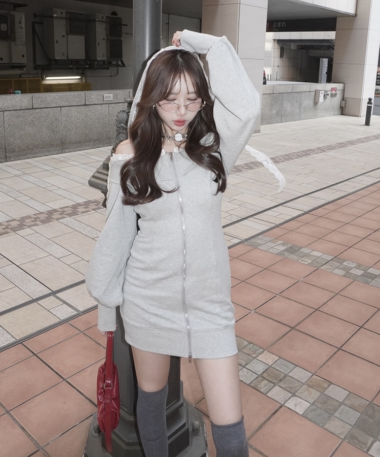 lace hoodie offshoulder mini onepiece(M GRAY): ワンピース｜PMbox