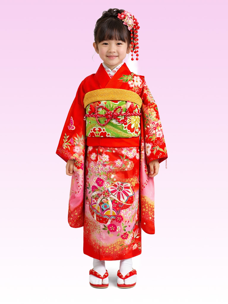 七五三 】紅赤・手毬唄と蝶【オランダ着物 晴レル屋】