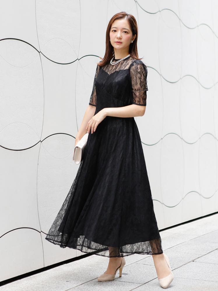 バックVデザイン総レースドレス(ブラック)H1-410BL-M | OTONA DRESS