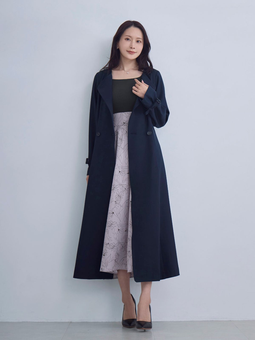 2wayノーカラートレンチコート26SS：ネイビー│胸が大きな女性のための