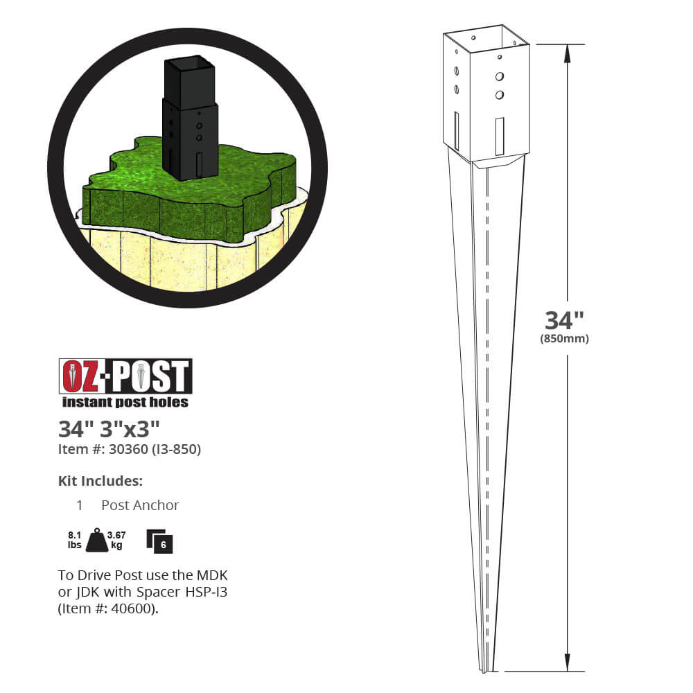 34 in. - 2-1/2 in. x 2-1/2 in. OZ-Post Anchor I25-850 - OZCO