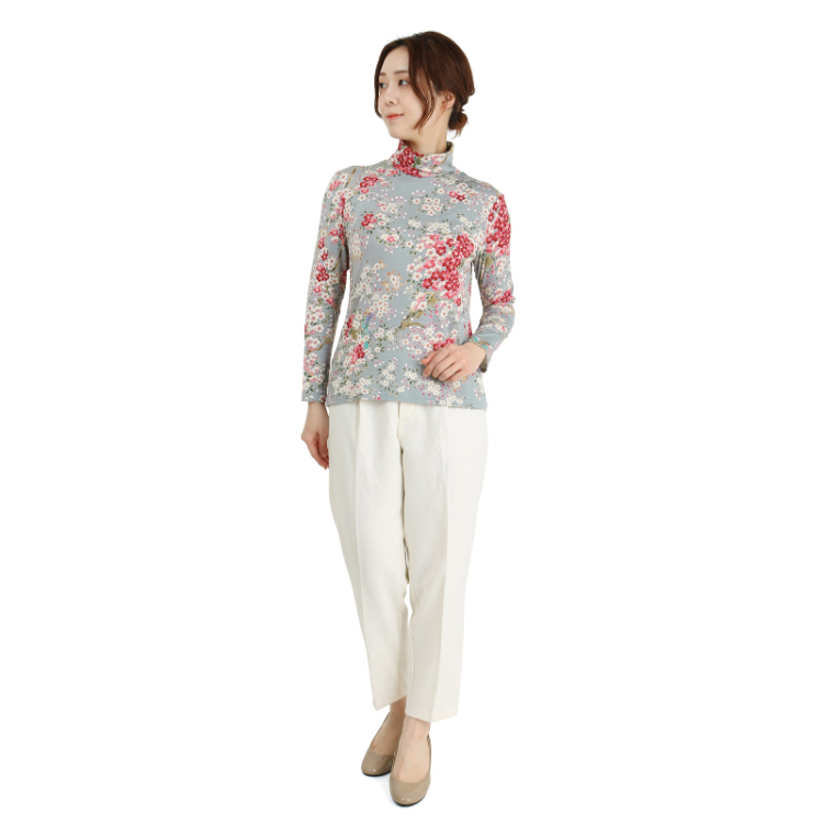 花柄 タートルネック長袖 ＜さくら/空色鼠＞ | 京友禅アロハシャツ