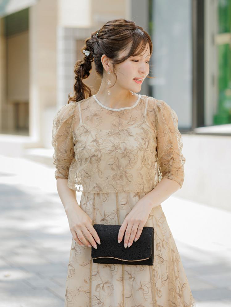 ボレロ付き花柄刺繍ドレス(ベージュ)CR1-456BE-S | パーティドレススタイル