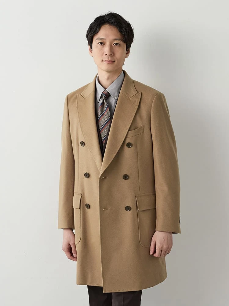 ワイン ウール100% ダブルブレスト チェスターコート グレー/ワイン