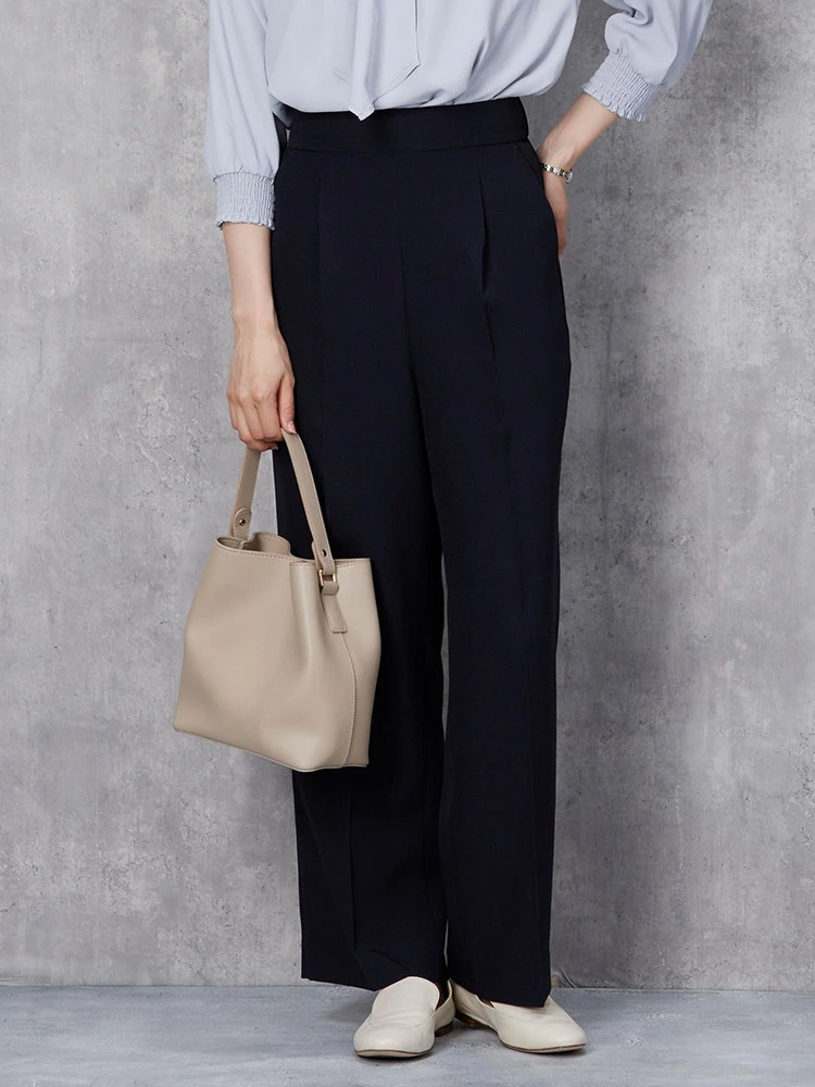 ベージュ ＜セットアップ可能＞麻調 ワイドパンツ ベージュ/ネイビー