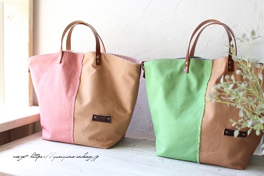 帆布】ピンクとピスタチオカラーのトート風バイカラーマルシェバッグ