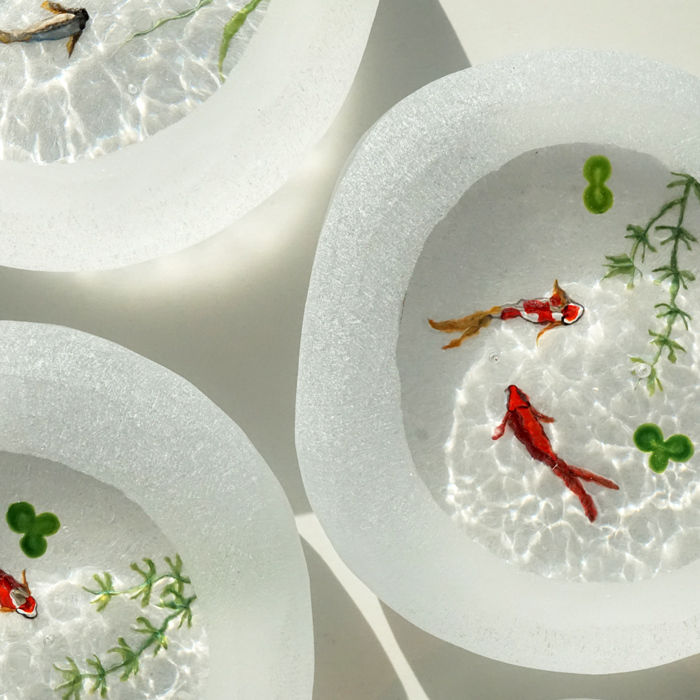 久保裕子さん作 ガラス お花 蝶々 鮎 水草 ペーパーウェイト 文鎮