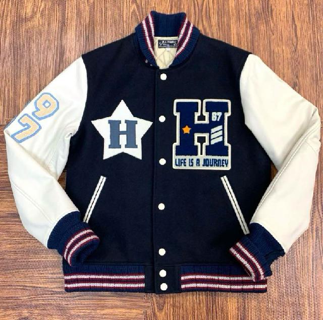 ハリウッドランチマーケット スタジャン 袖革 ネイビー 星 ワッペン 3