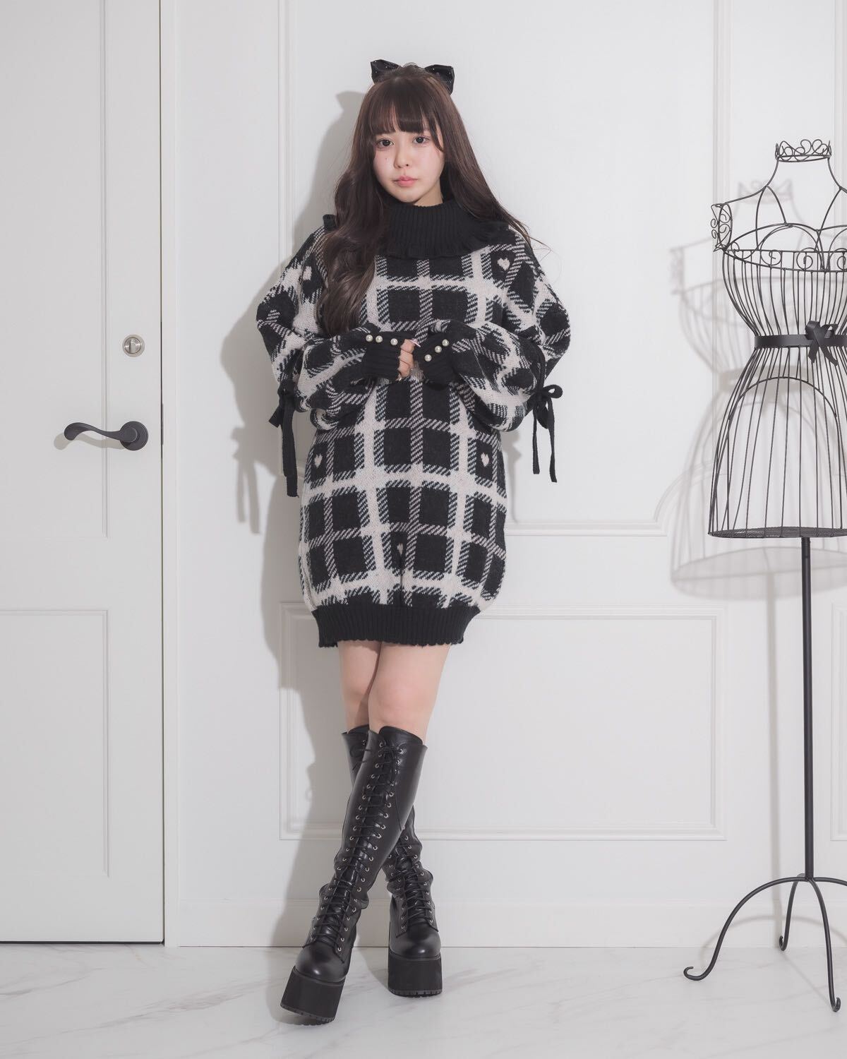 ハートチェック袖リボンニットワンピ – pium