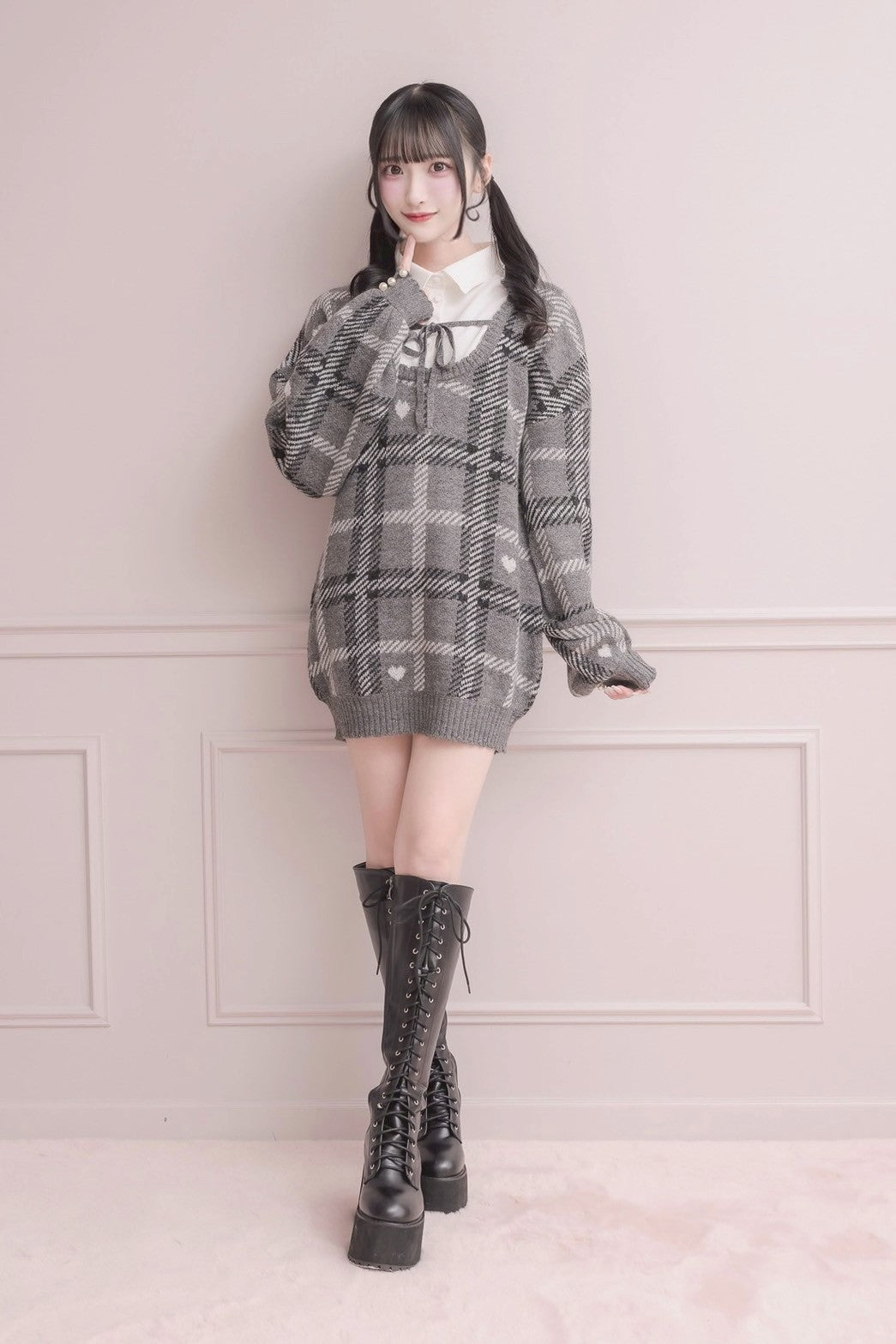 ハートチェックレイヤードニットワンピース – pium