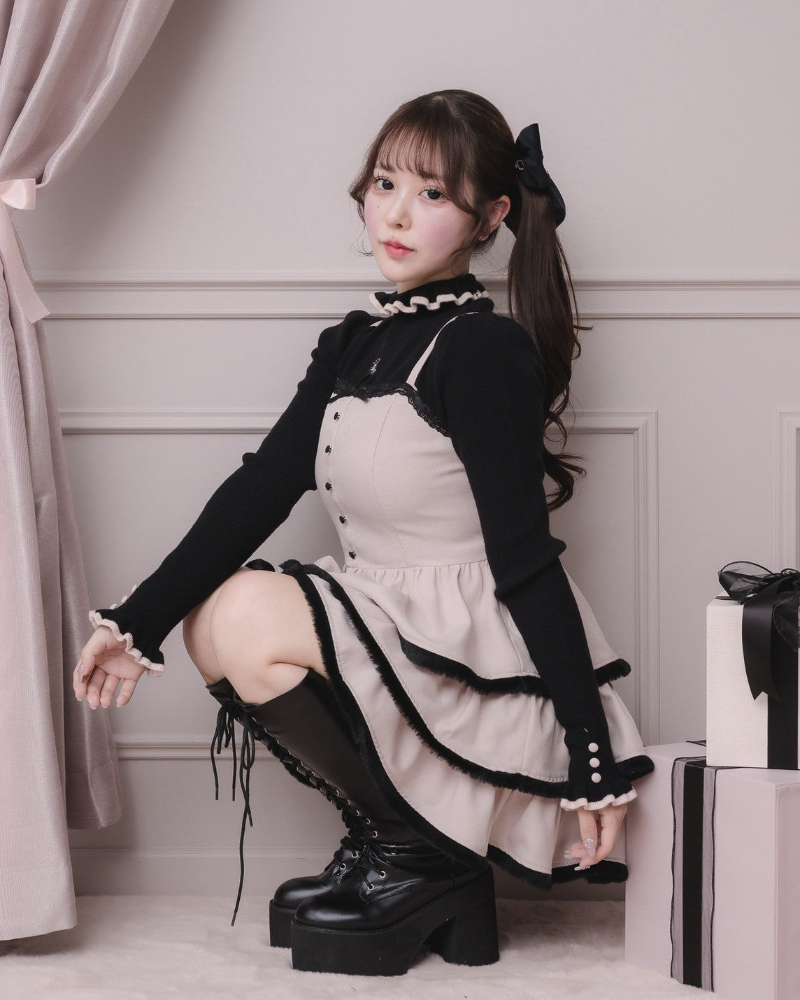 ファー付きティアードジャンパースカート – pium