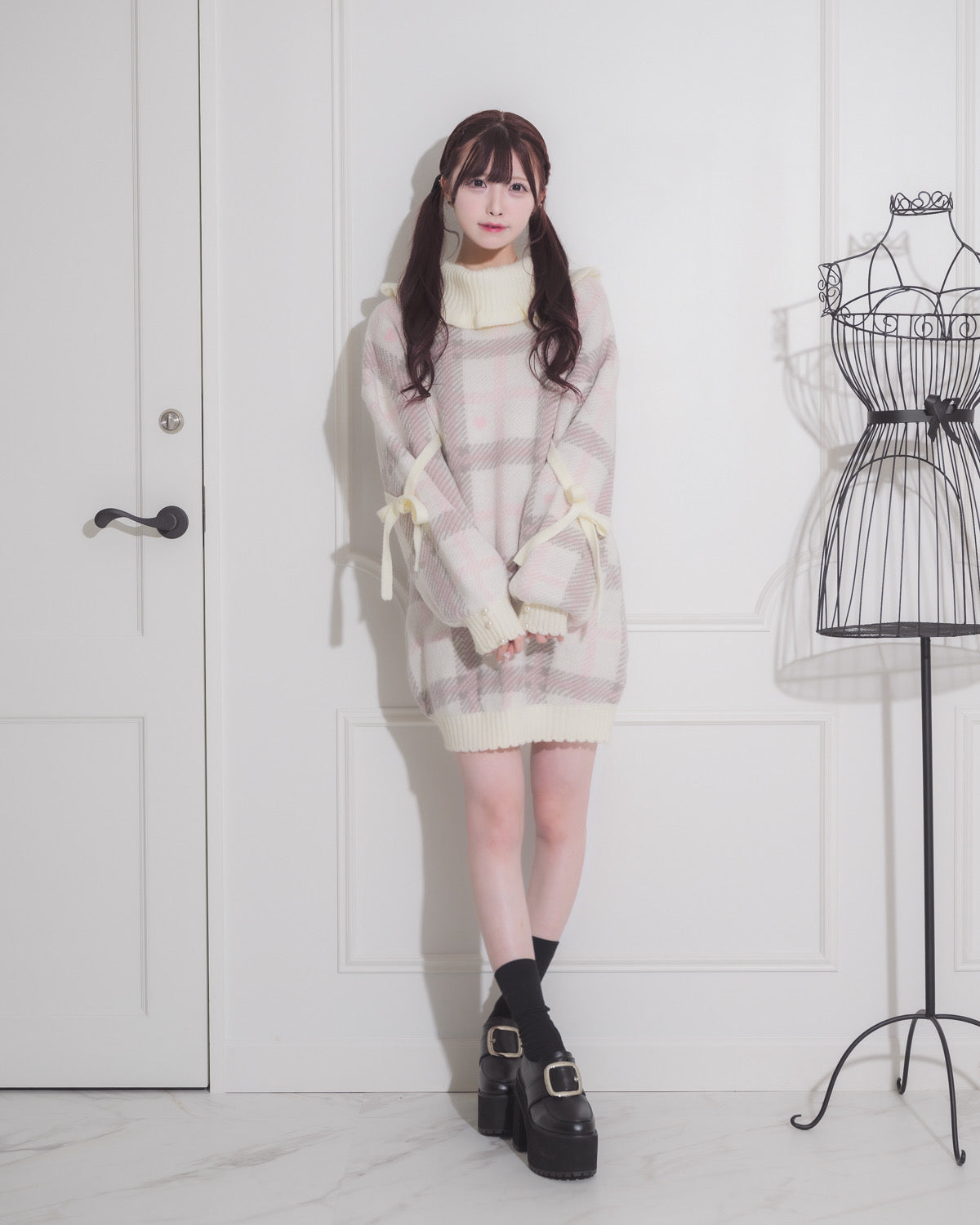 ハートチェック袖リボンニットワンピ – pium