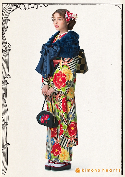 レトロモダン】FL-6102｜ストライプに赤の椿が咲くレトロ振袖｜kimono