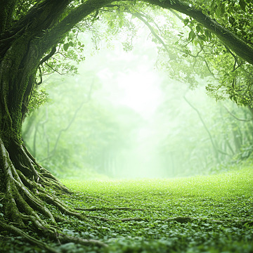 厚い木と根を持つ緑のジャングル神秘的な森の背景ファンタジー魔法