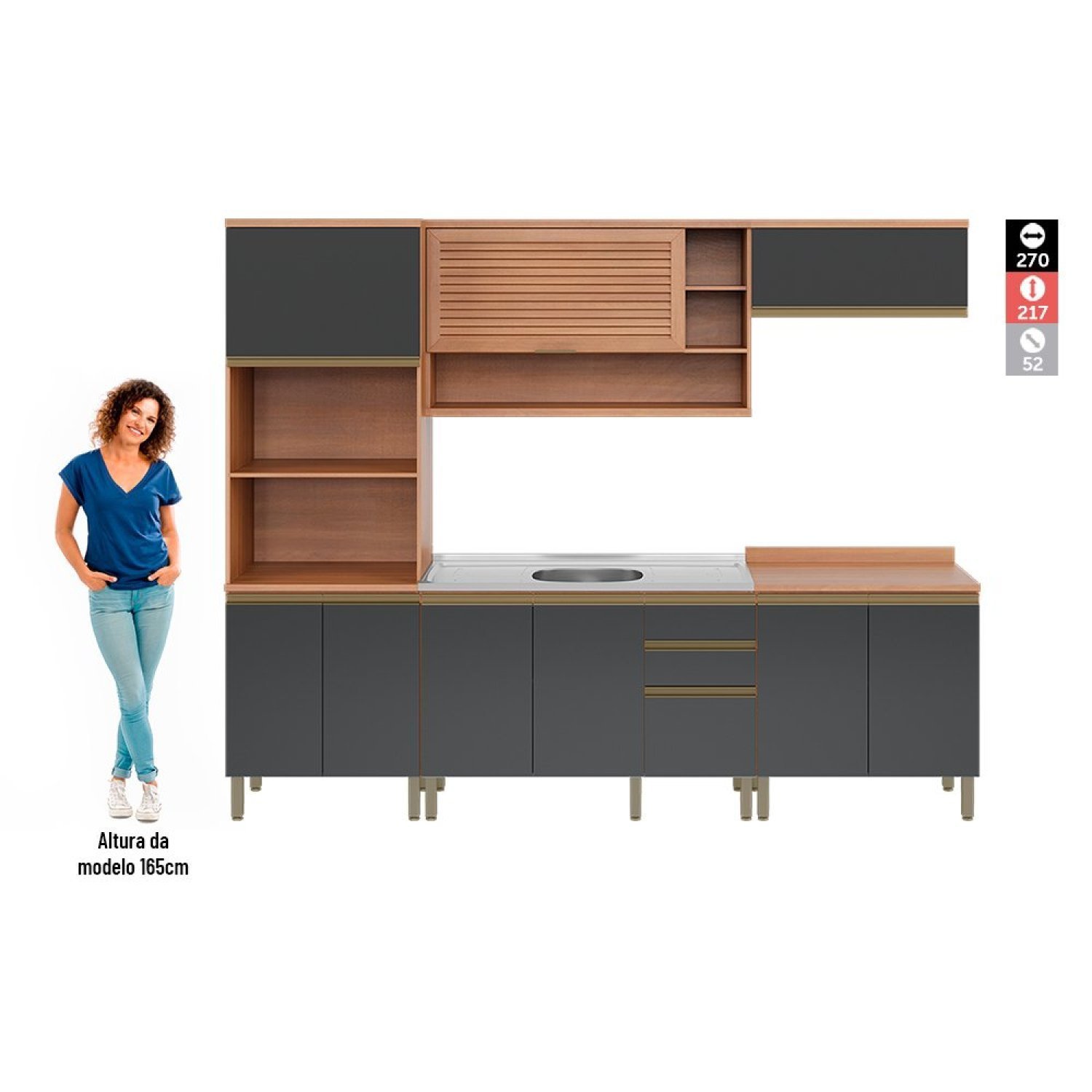 Cozinha Completa 9 Portas 3 Gavetas Torre Quente e Balcão para Pia