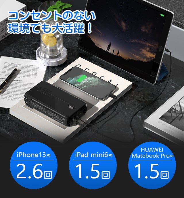 充電器とモバイルバッテリー2in1、65WハイパワーでノートPCも楽々