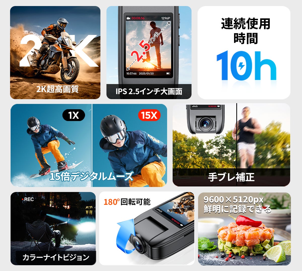 自転車も胸元も装着可能！2K高画質と180°回転で理想の映像を手に入れる